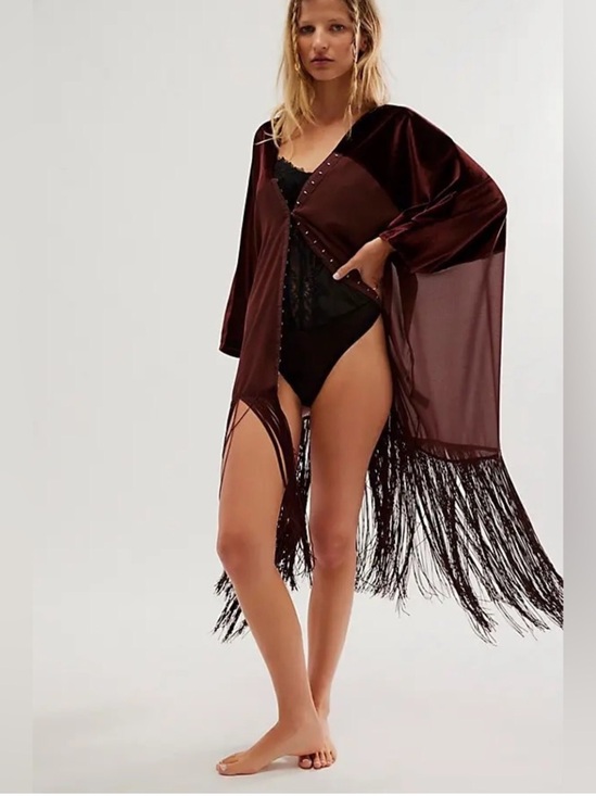 Free People Jackets & Blazers - Free People Velvet Dreams Fringe Kimono Aubergine One Size OS Boho NWOT
